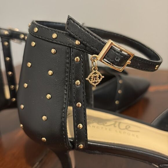 Nanette Lepore Black Kitten Heel Pumps with Gold Studs Size 6 - Picture 5 of 9